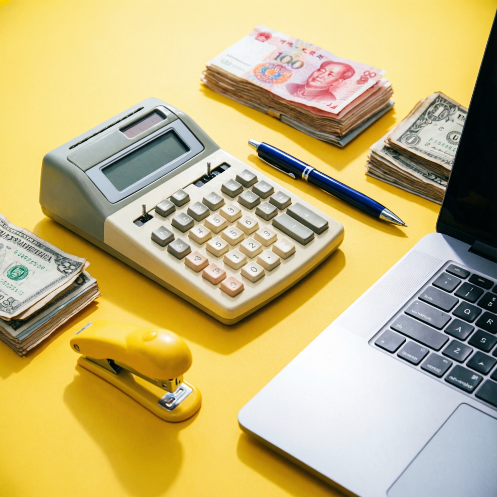 Calculadora y billetes sobre escritorio amarillo