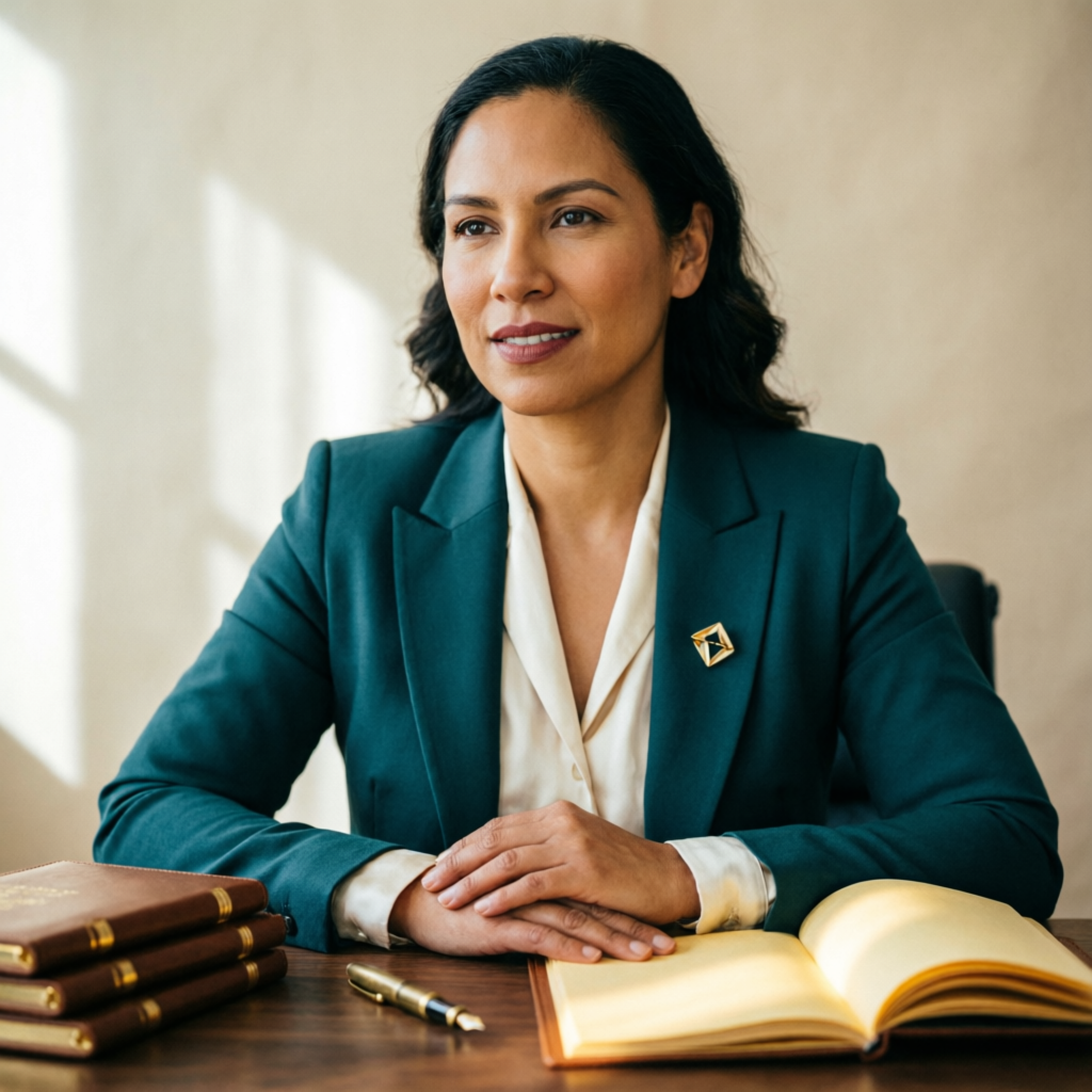 Magdalena Salazar, contadora pública, en su escritorio con libros mayores