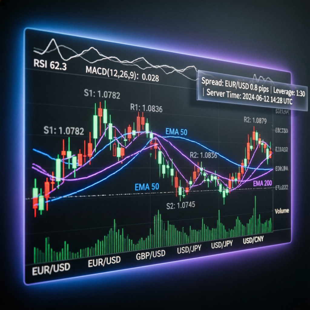 Forex market analysis with technical indicators and support resistance levels