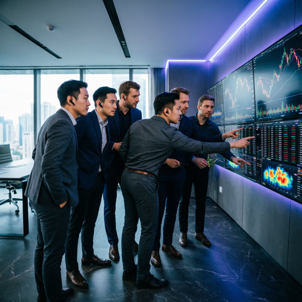 Elite team of prop firm traders analyzing Apex 300K account