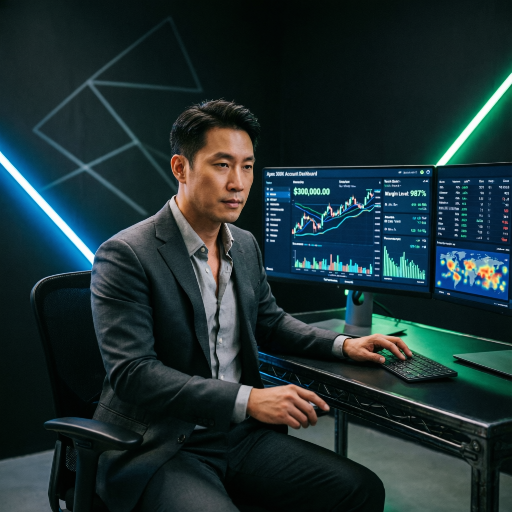 Professional trader managing Apex 300K funded account with multiple monitors