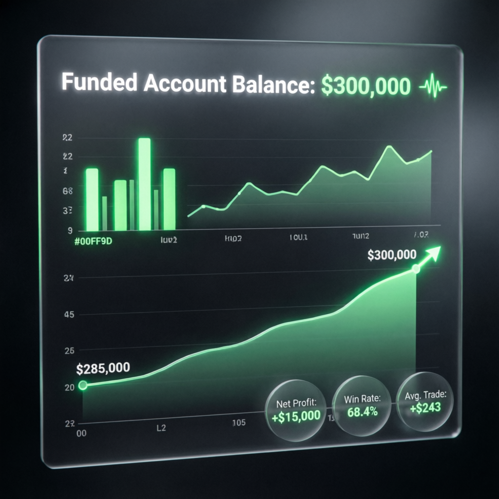 Funded account balance showing $300,000 profit growth