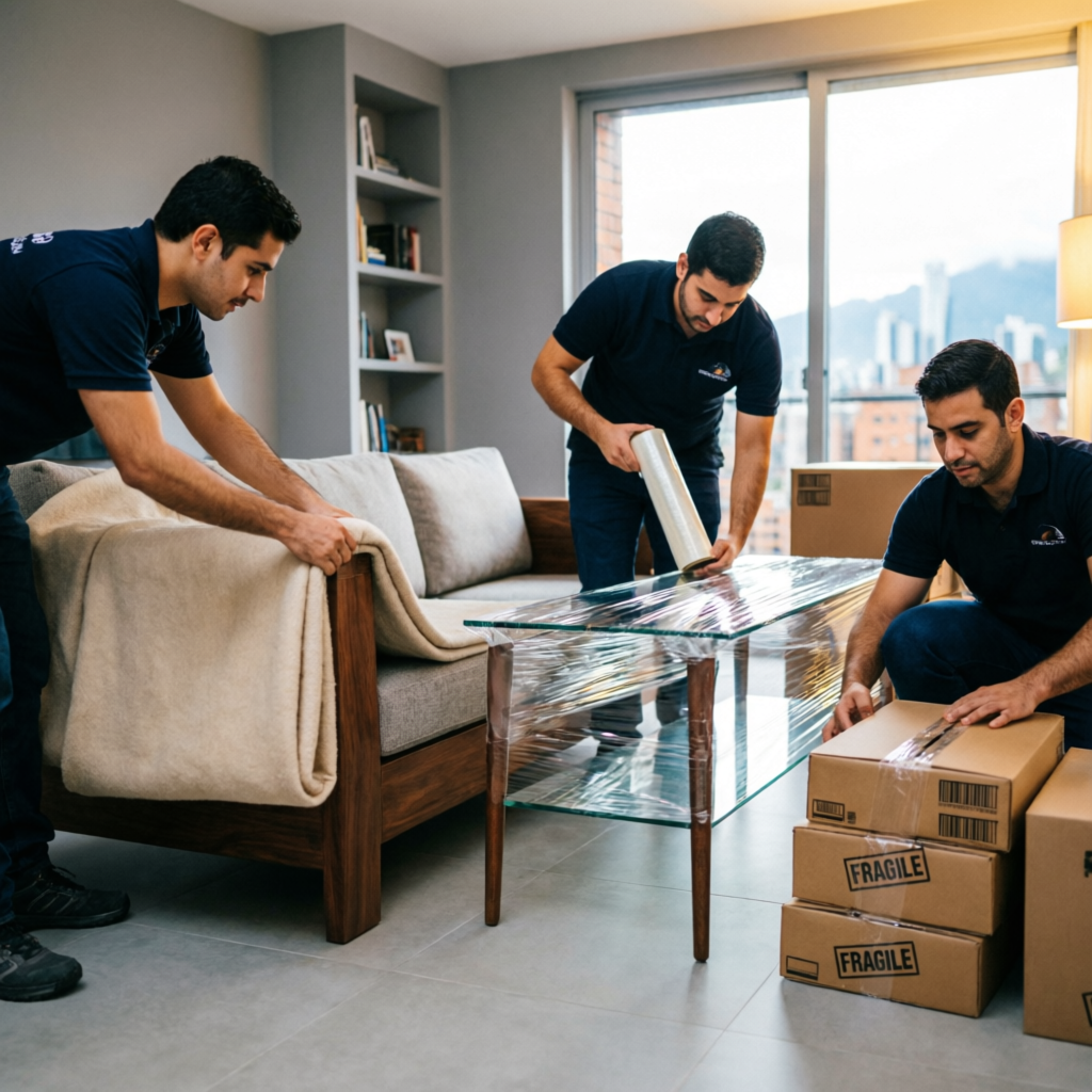 Trasteos Suba - Equipo profesional empacando muebles con mantas y plástico pelex en Bogotá