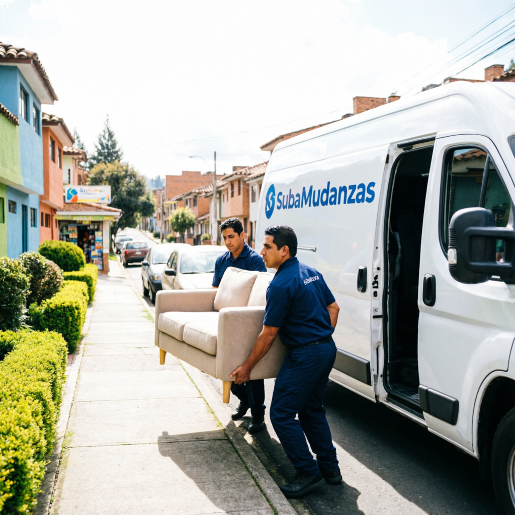 Trasteos Suba - Camión de mudanza profesional en la localidad de Suba Bogotá con auxiliares cargando muebles