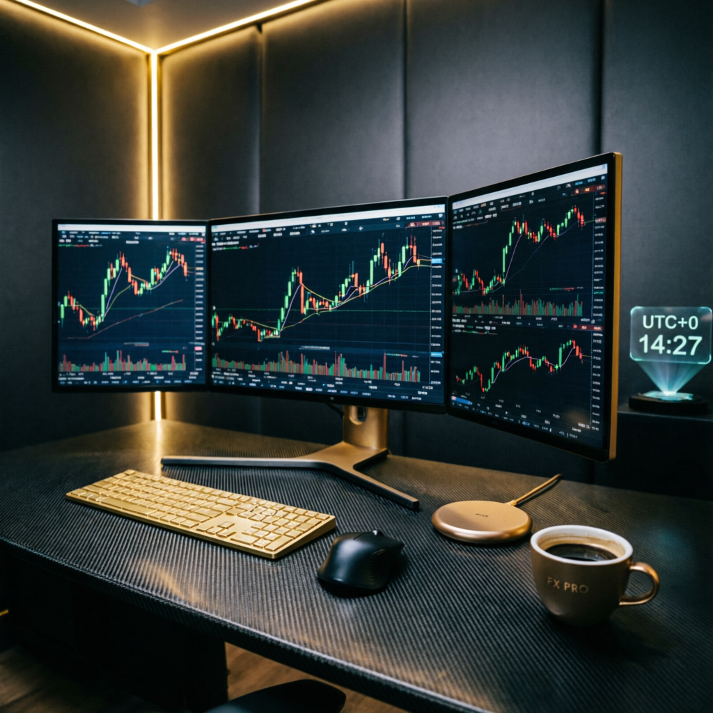 My Funded Futures trading setup with multiple monitors showing trading hours