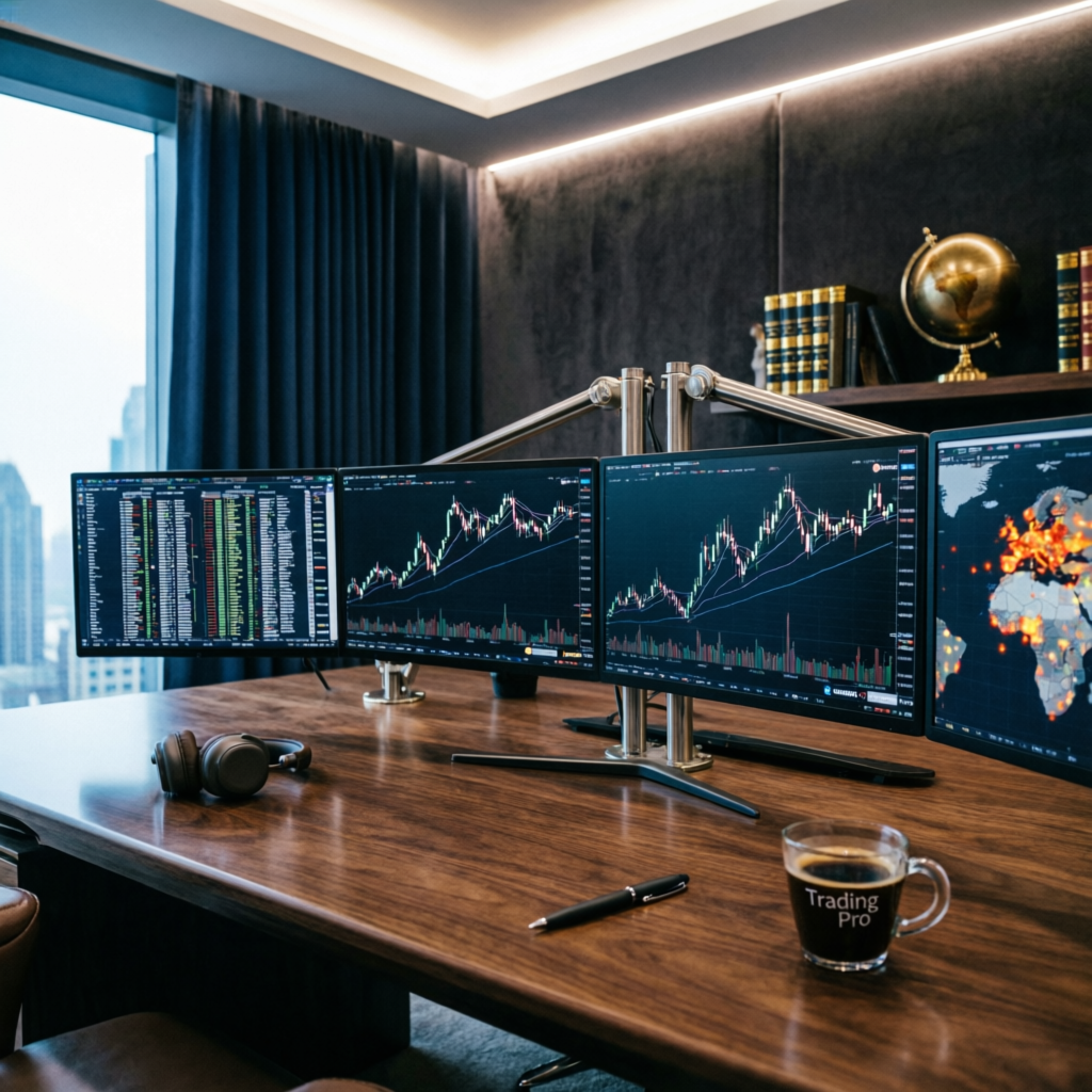 Premium trading setup with multiple monitors showing professional forex charts