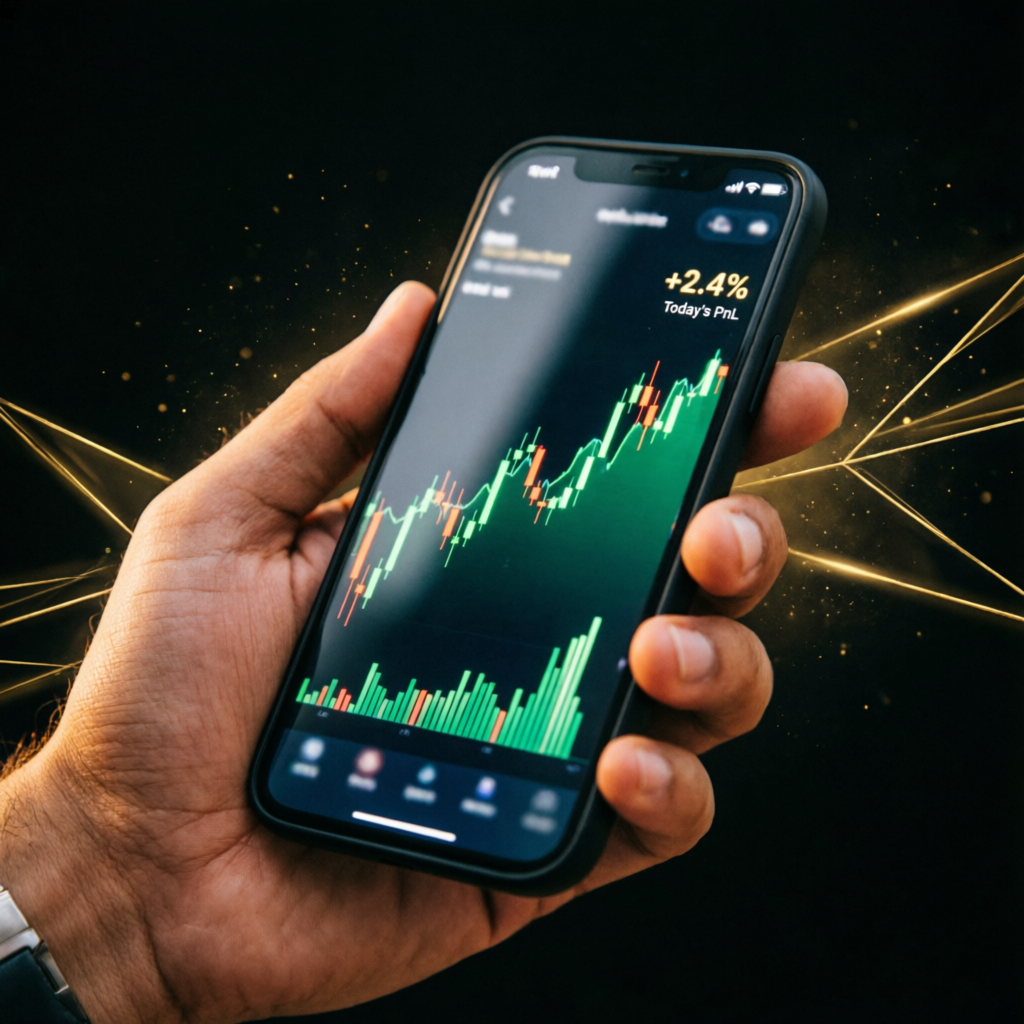 Mobile forex trading app showing profit charts for funded account management