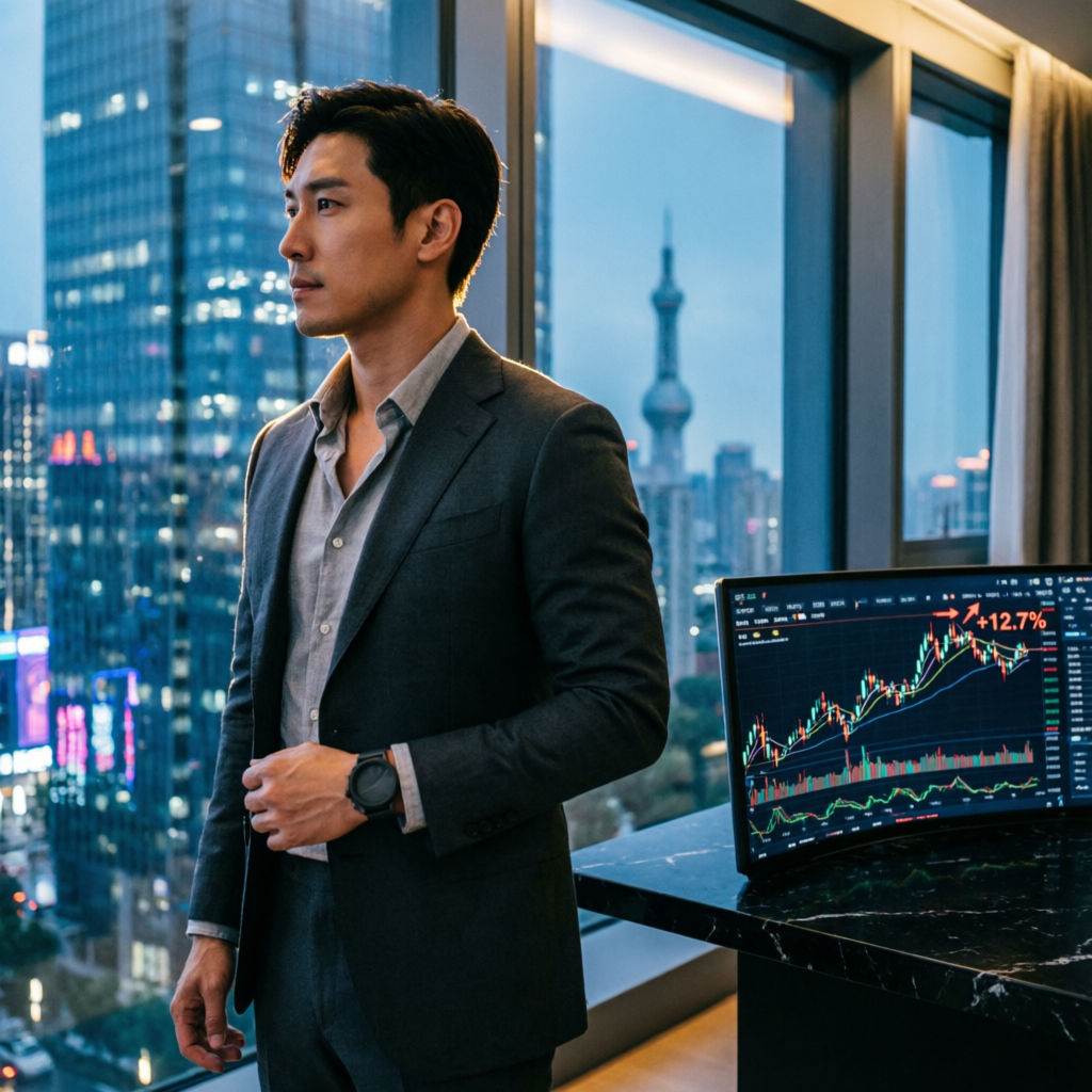 Successful funded trader lifestyle with city skyline and trading profits