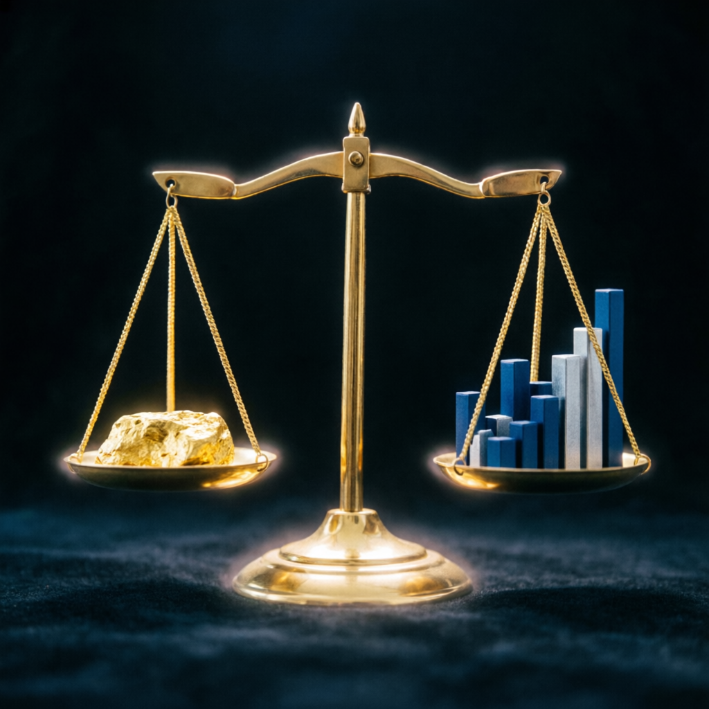 Risk management concept with balanced scales representing prop firm trading discipline