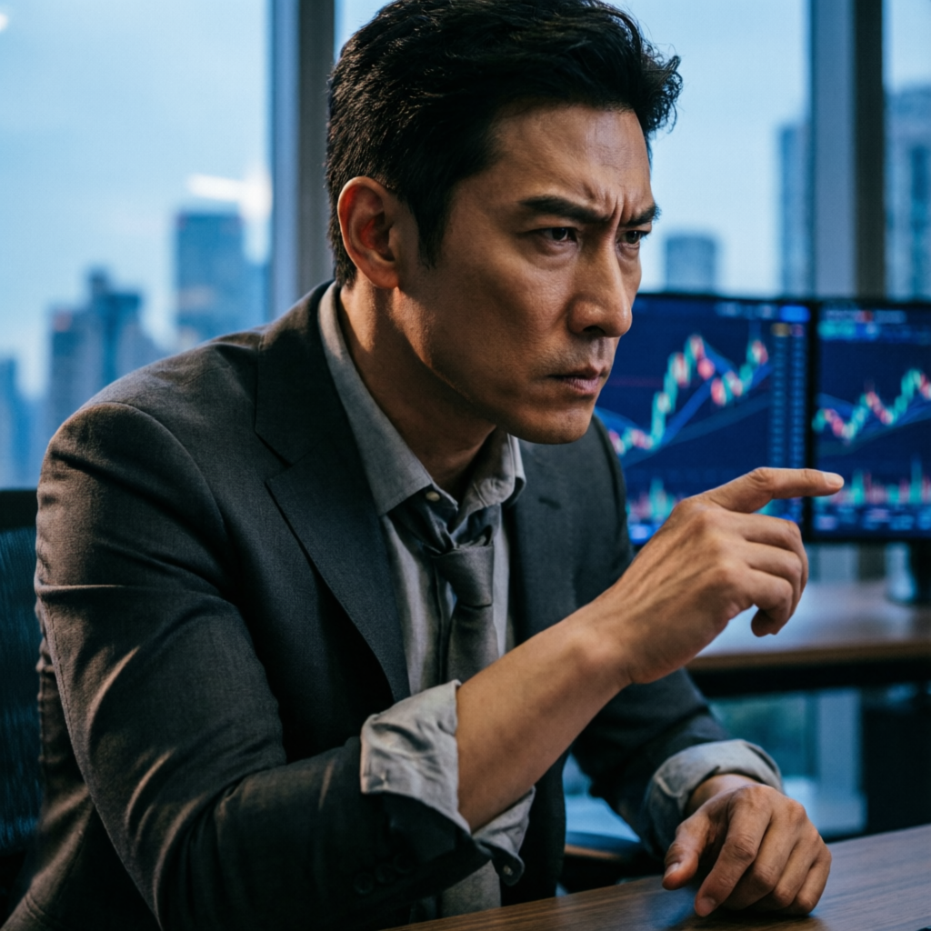 Professional trader analyzing forex charts with intense focus and discipline