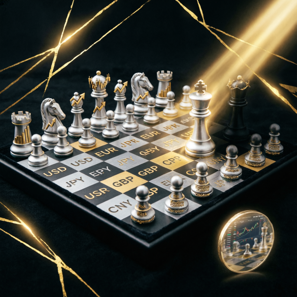 Trading psychology and strategic thinking concept with chess pieces representing forex pairs
