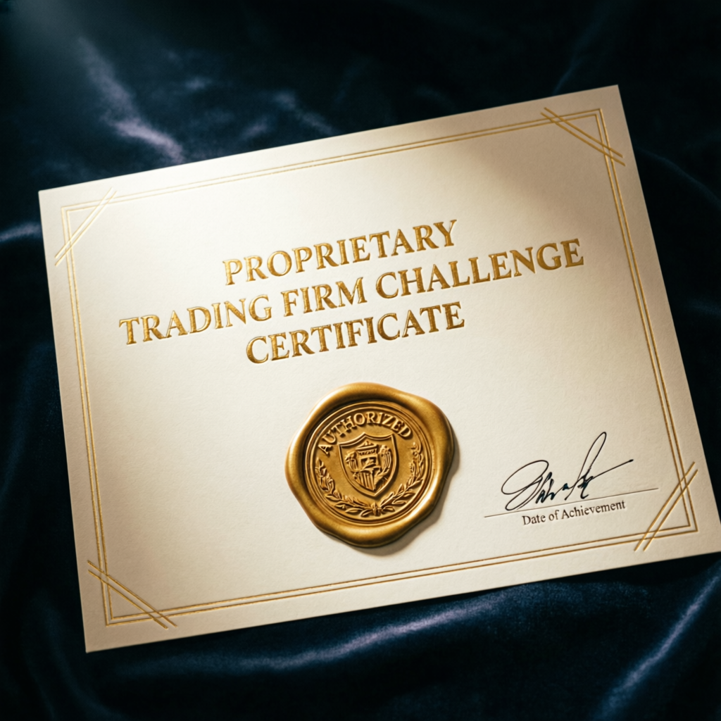 Proprietary trading firm challenge certificate representing successful prop firm passing