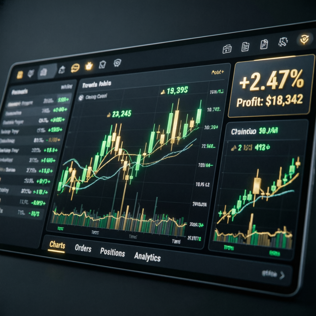 Advanced trading dashboard showing forex charts and profit indicators for prop firm passing service