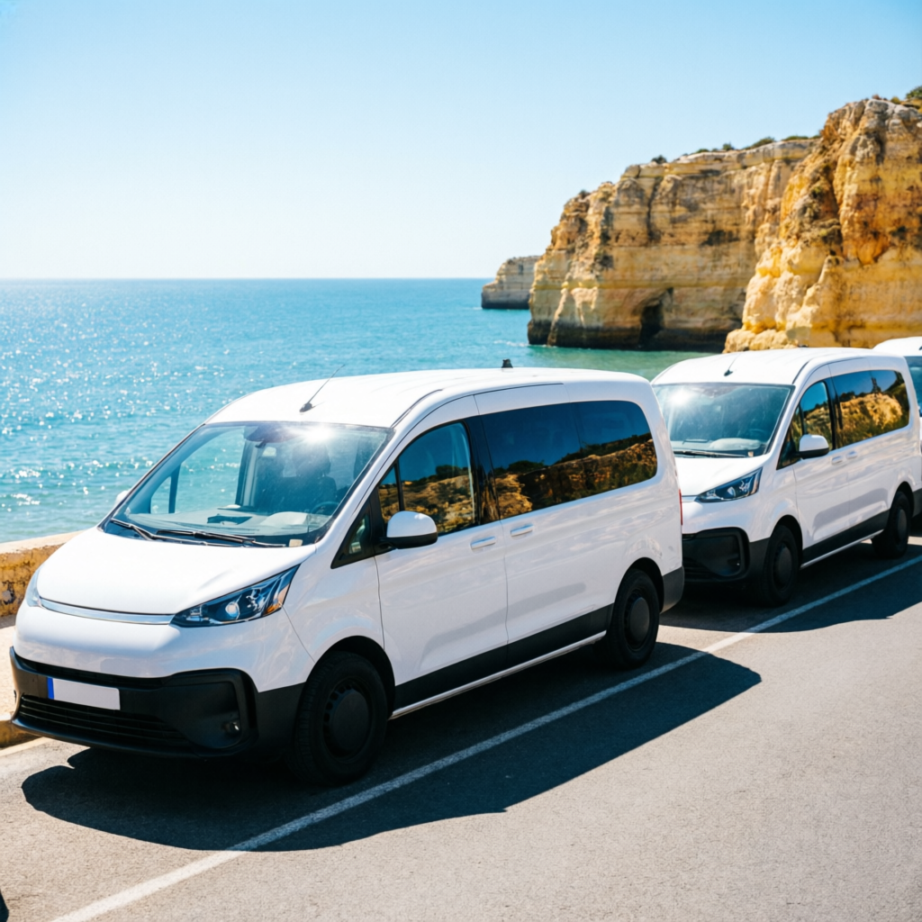 Vans modernas brancas na estrada costeira