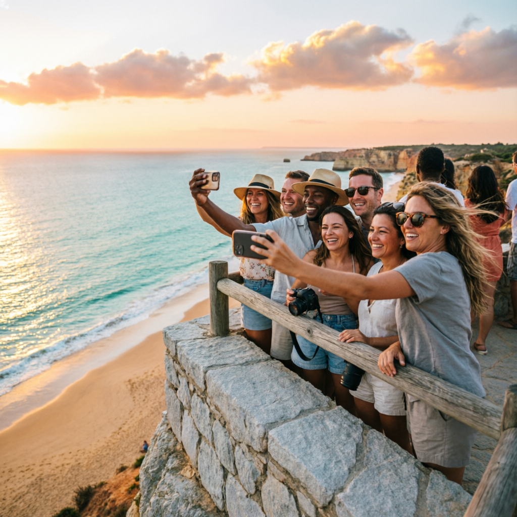 Grupo de turistas a tirar selfie num miradouro