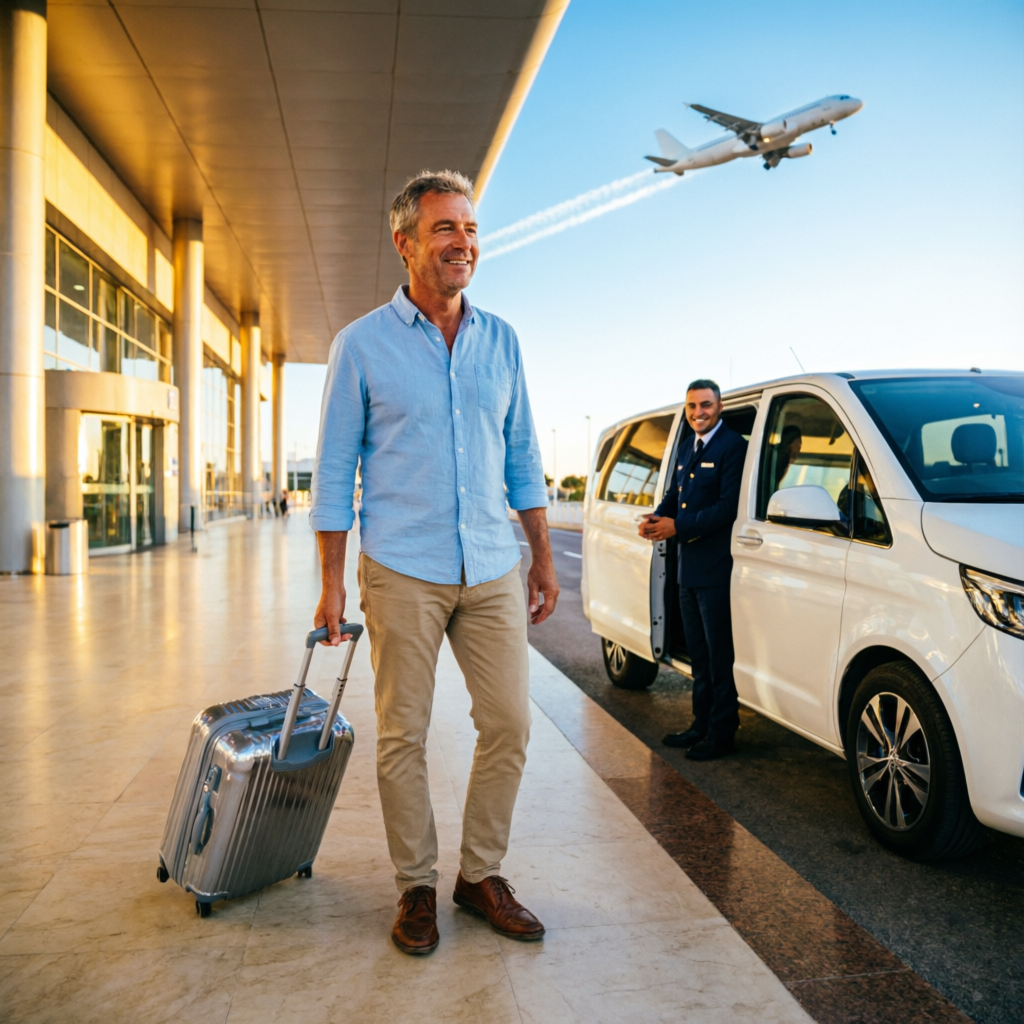Viajante com mala no aeroporto, motorista e van à espera