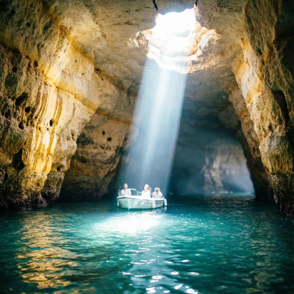 Barco dentro da gruta com feixe de luz