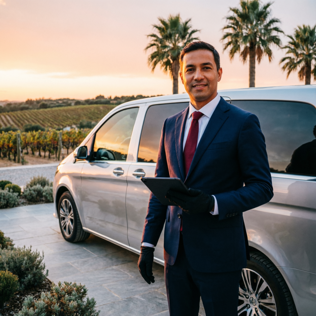 Motorista privado junto a van de luxo ao pôr do sol