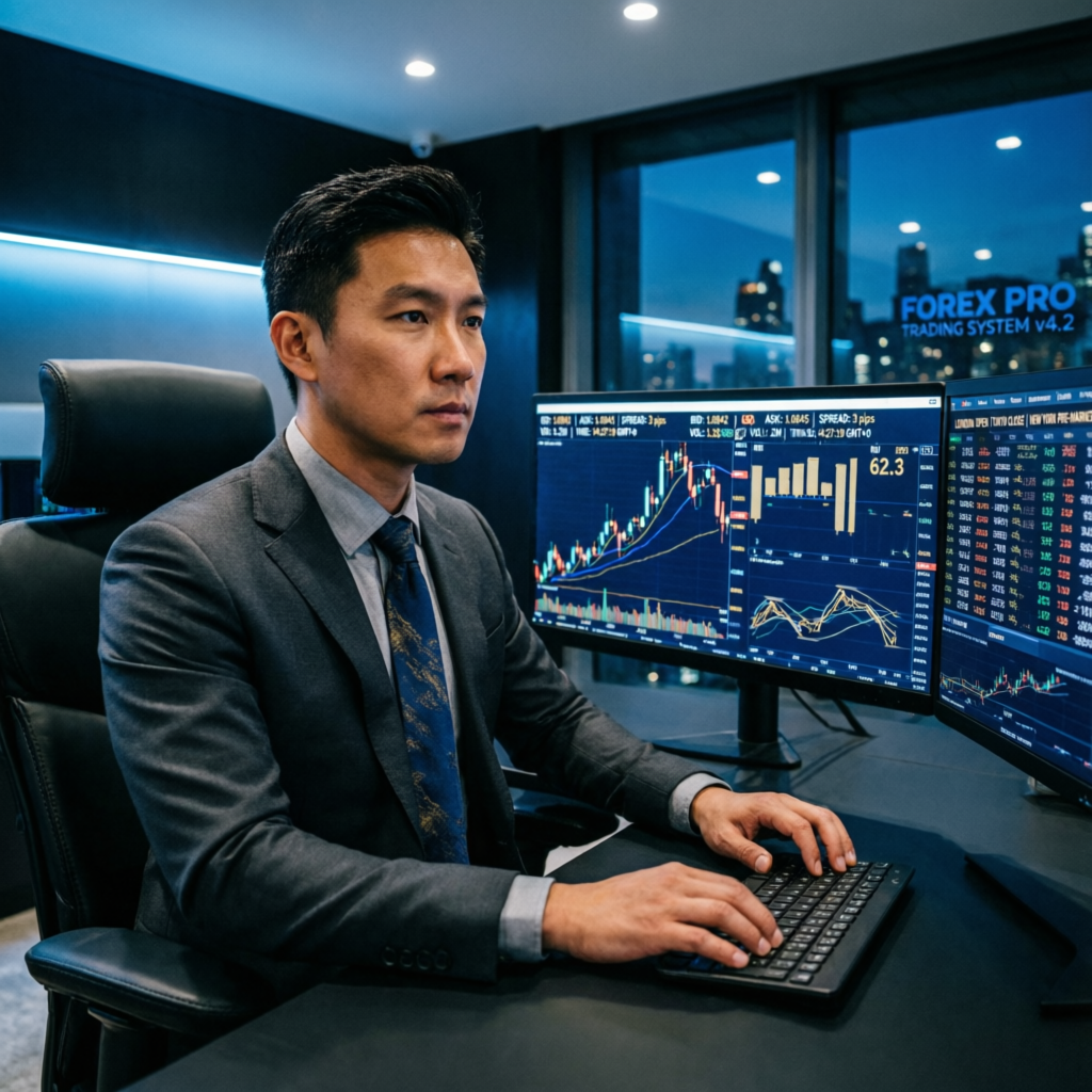 Professional forex trader analyzing prop firm challenge with multiple trading monitors
