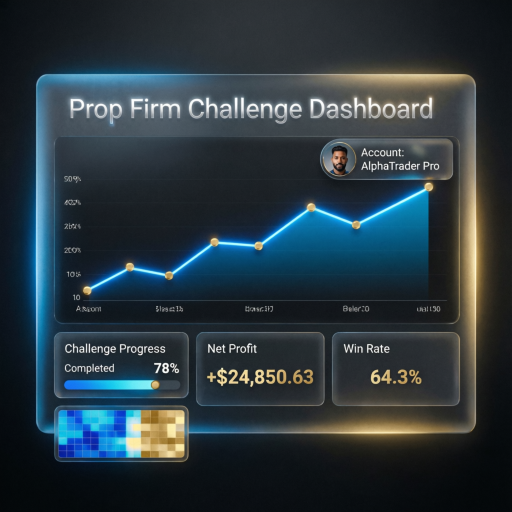 Prop Firm Challenge Dashboard showing challenge progress, net profit and win rate statistics