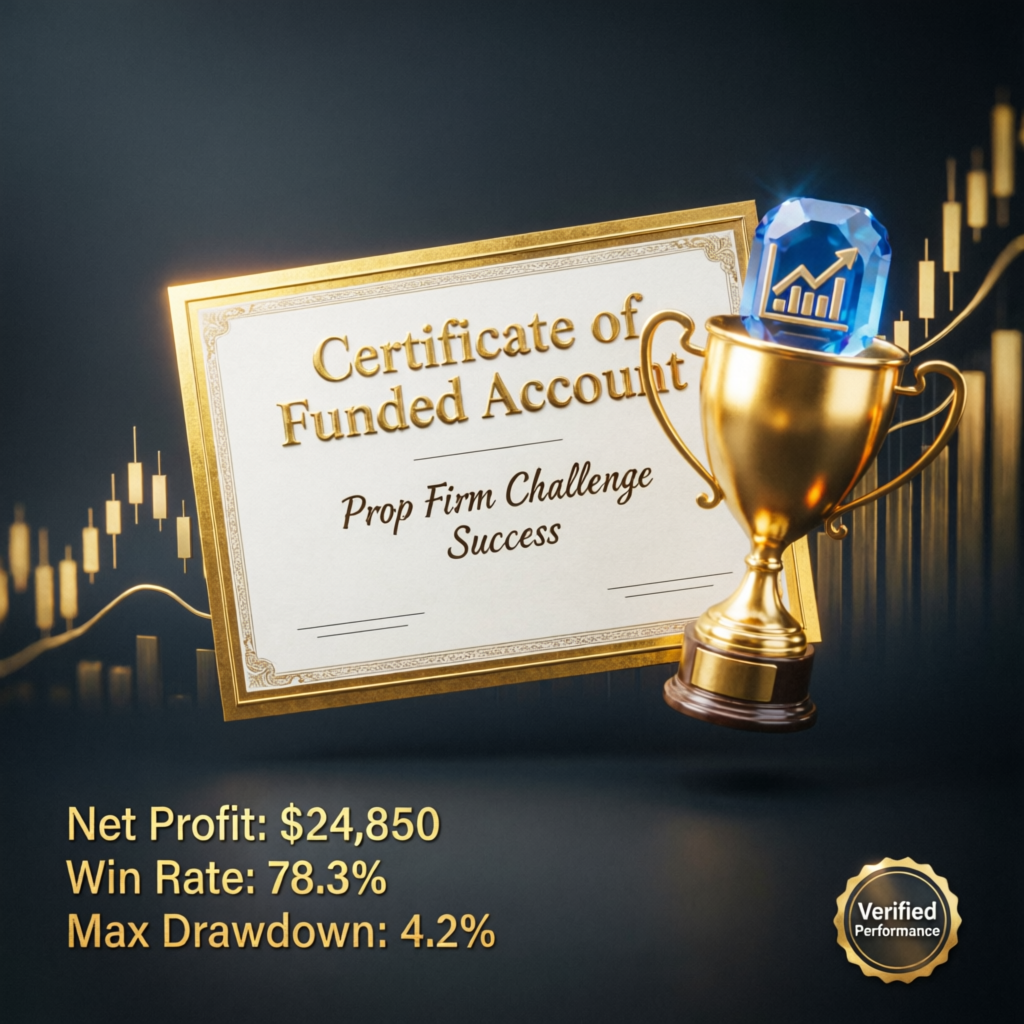 Certificate of funded account success showing net profit, win rate and max drawdown statistics