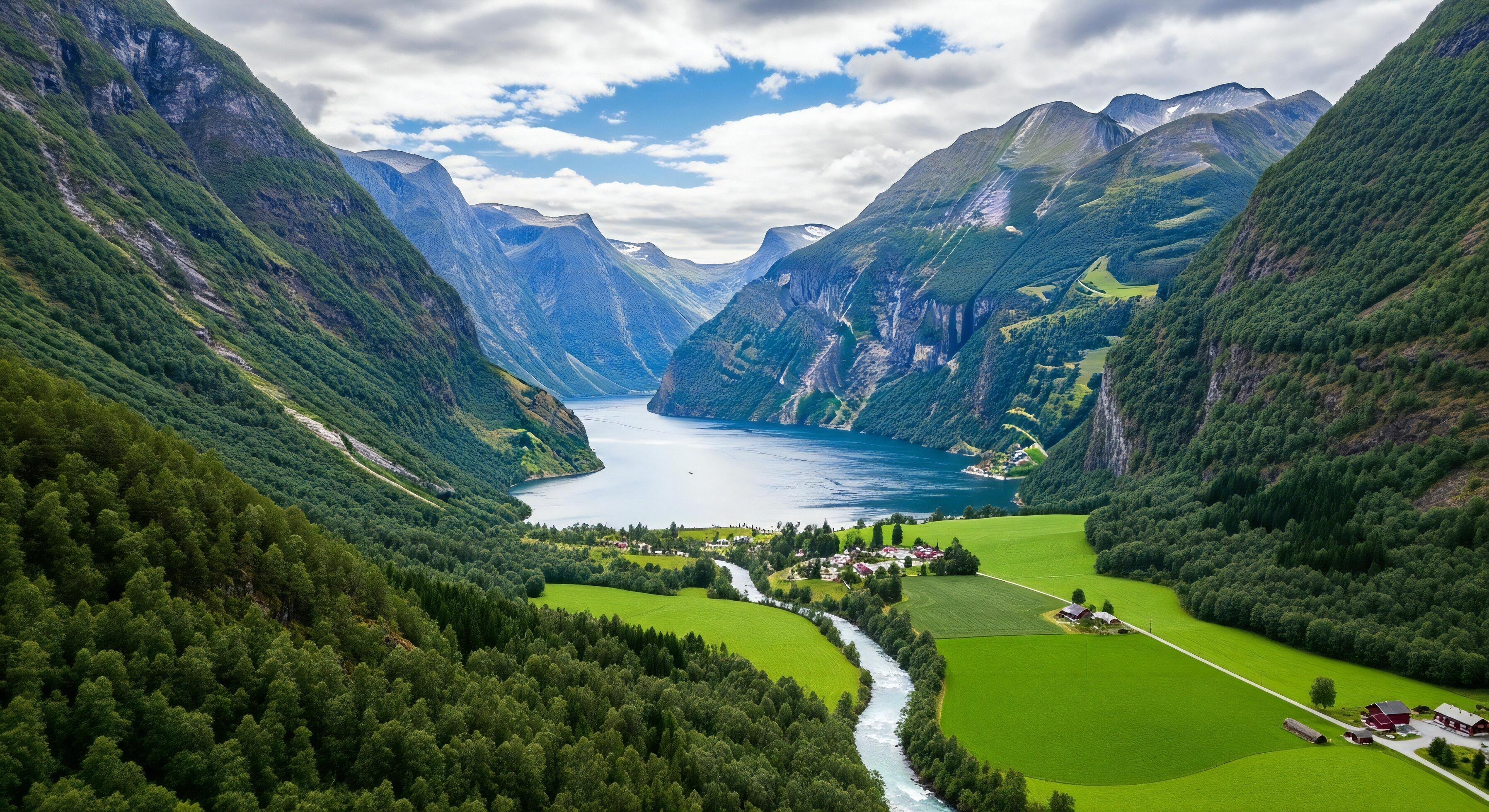 Livraison de véhicule en Norvège — fjord et village