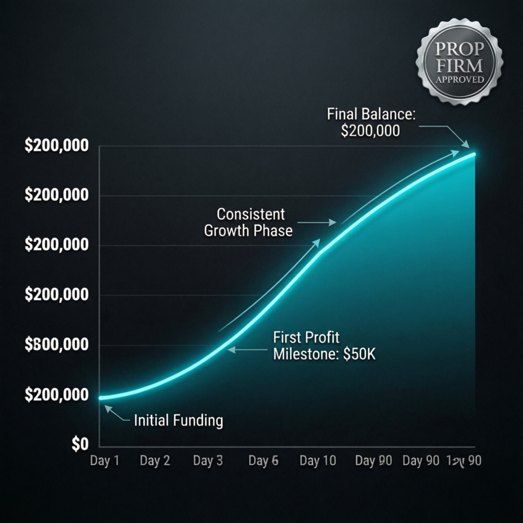 Funded Trading Account Growth Chart showing consistent profit curve to $200K