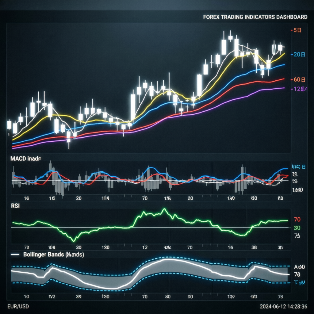 Forex Trading Indicators Dashboard showing MACD RSI Bollinger Bands and Moving Averages on EUR/USD chart