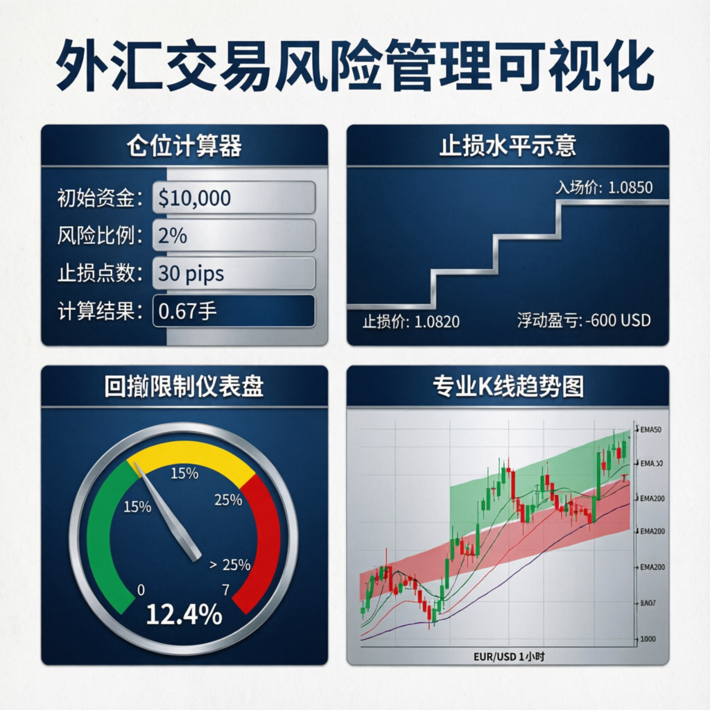 Risk Management Visualization for Forex Trading showing position sizing stop loss levels and drawdown limits