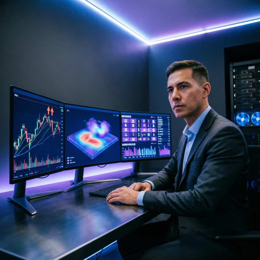 Professional futures trader analyzing multiple screens with AI-powered trading tools