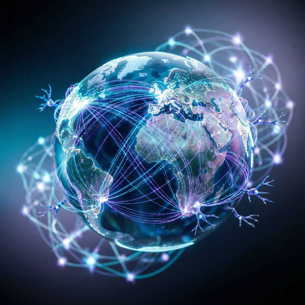Futuristic global trading network representing the future of prop firm industry