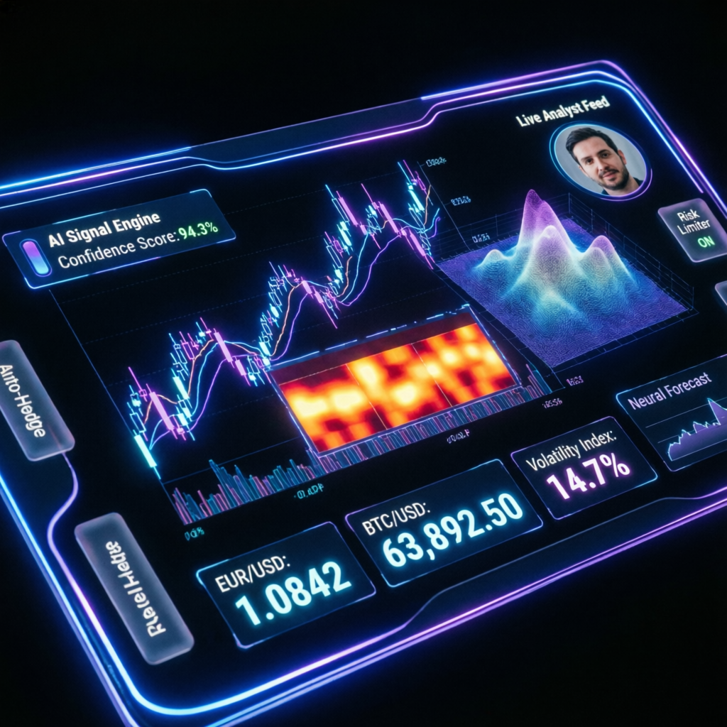 AI-powered Apex Trader Funding dashboard with holographic charts and financial data visualization