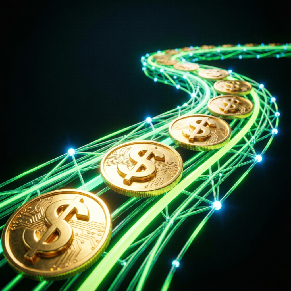 Futuristic visualization of profit payouts and withdrawals from funded trading accounts