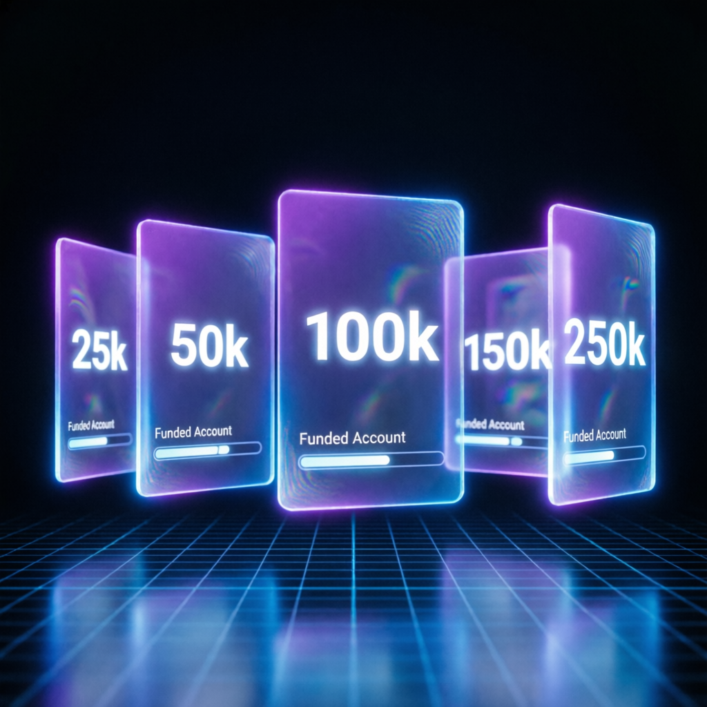 Futuristic visualization of Apex Trader Funding account sizes from 25k to 250k