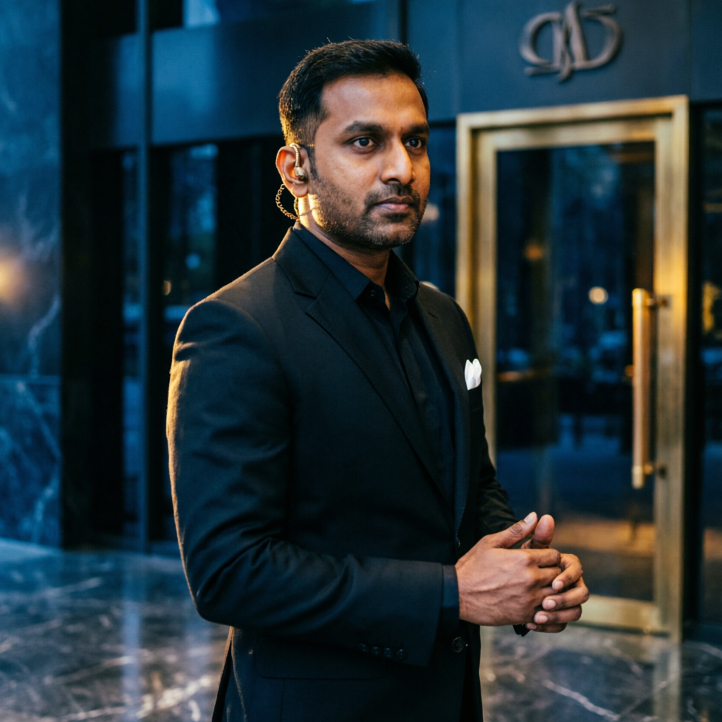 VVIP Security Services — professional security officer on guard duty at a luxury venue entrance in Bhopal