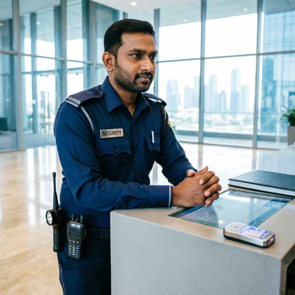 VVIP corporate security officer at an access control desk in a corporate lobby