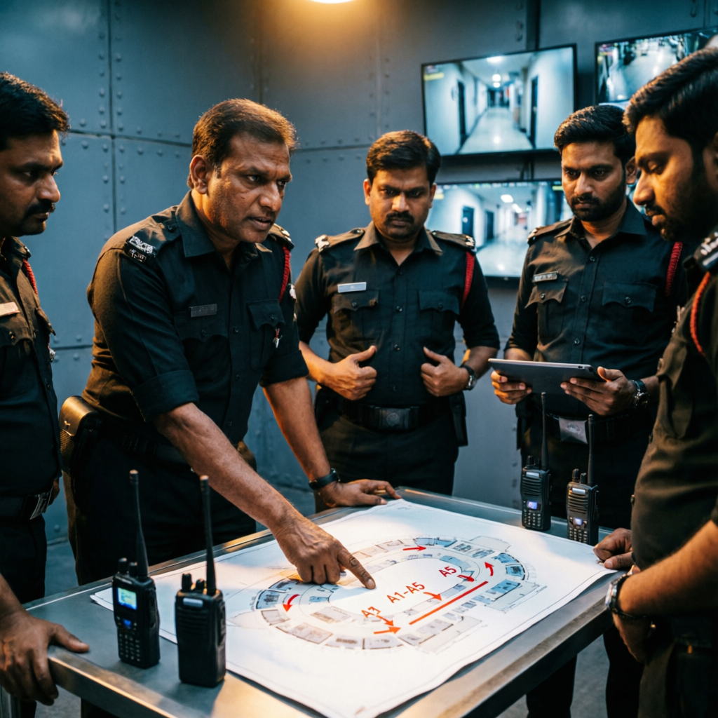 VVIP Security Services team leader briefing security personnel over a venue deployment plan in the Bhopal operations room