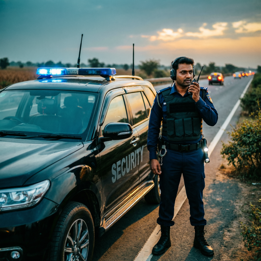 VVIP travel security officer coordinating a route escort beside an SUV on a highway at dusk