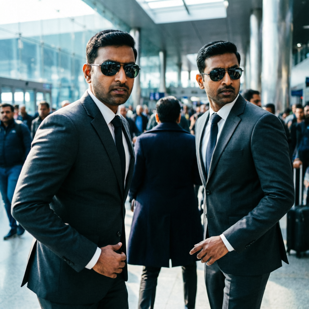 VVIP close protection bodyguards escorting a client through a crowded public space