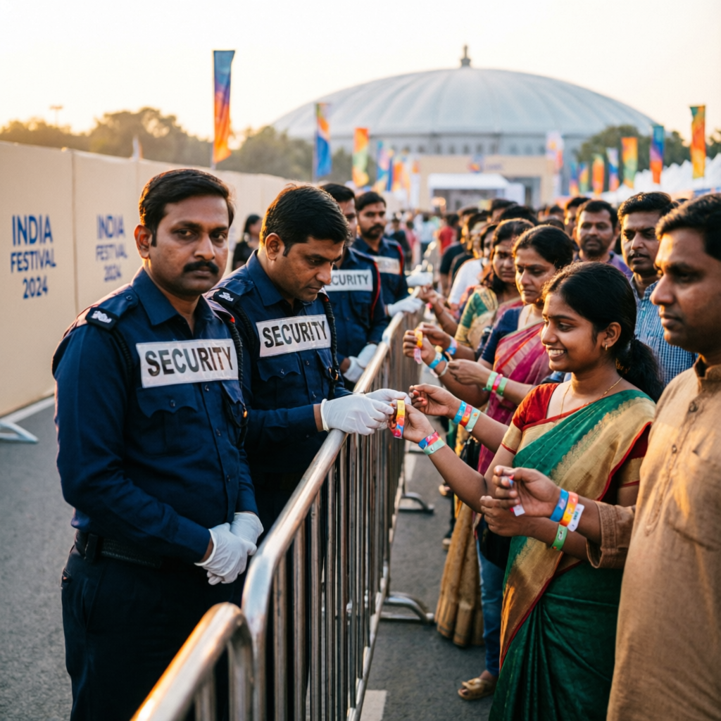 VVIP security staff managing crowd queues and wristband checks at a public gathering