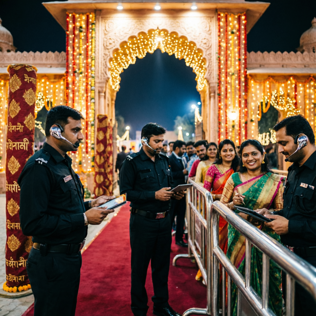 VVIP event security personnel managing guest entry and access control at a decorated event venue gate in Bhopal