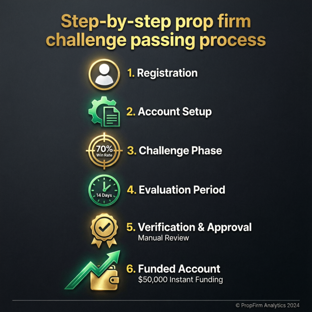 Step-by-step prop firm challenge passing process infographic showing registration, account setup, challenge phase, evaluation, verification, and funded account