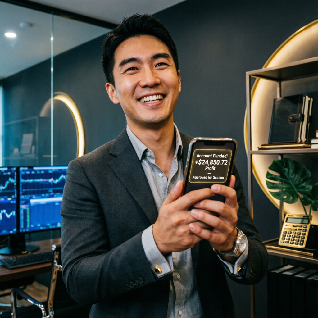 Happy prop trader holding phone showing funded account profit notification of $24,850.72, approved for scaling