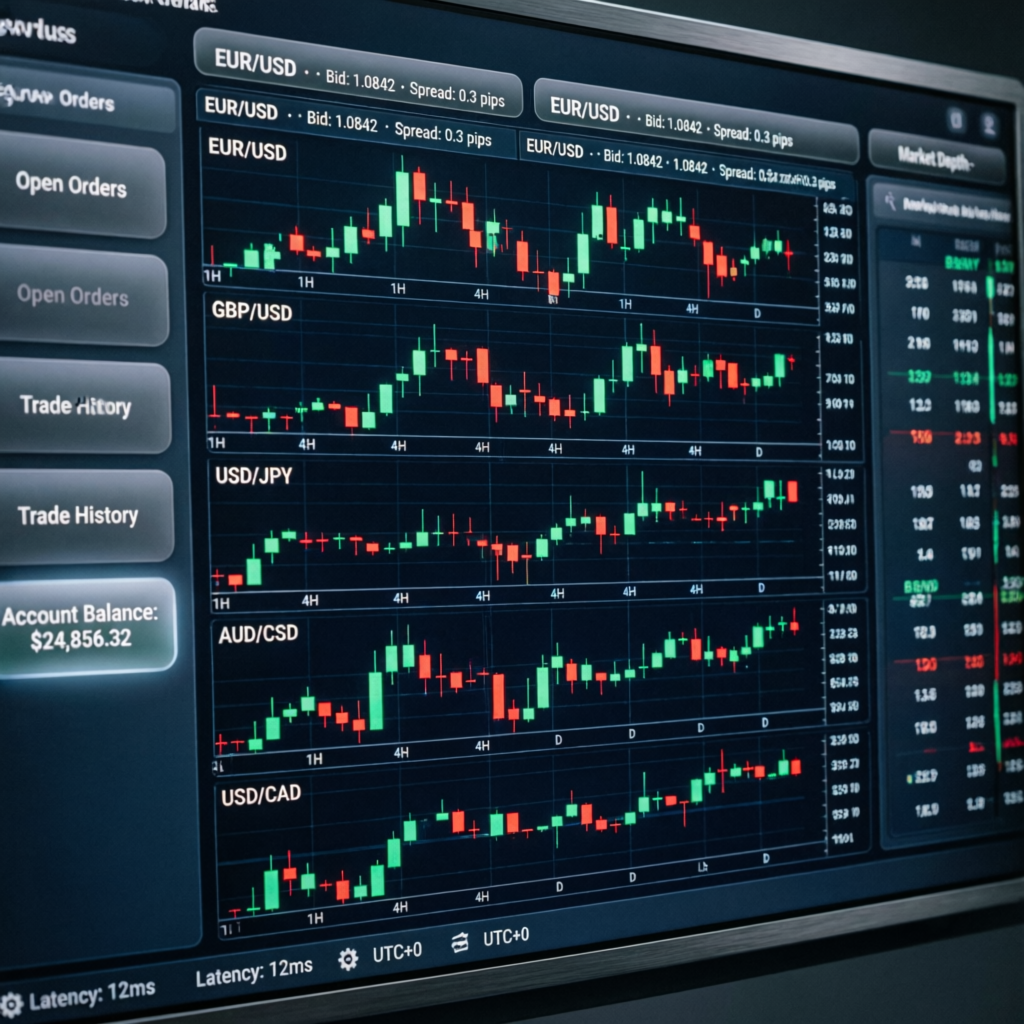 Professional forex trading dashboard showing multiple currency pairs with candlestick charts for prop firm scalping strategies