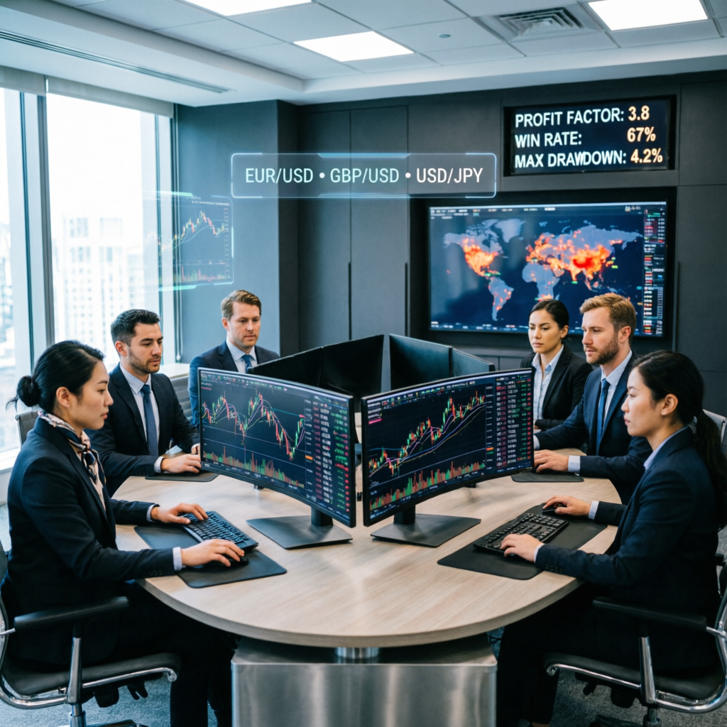 Professional PFM Capitals trading team managing prop firm accounts with multiple monitors showing forex charts and analytics