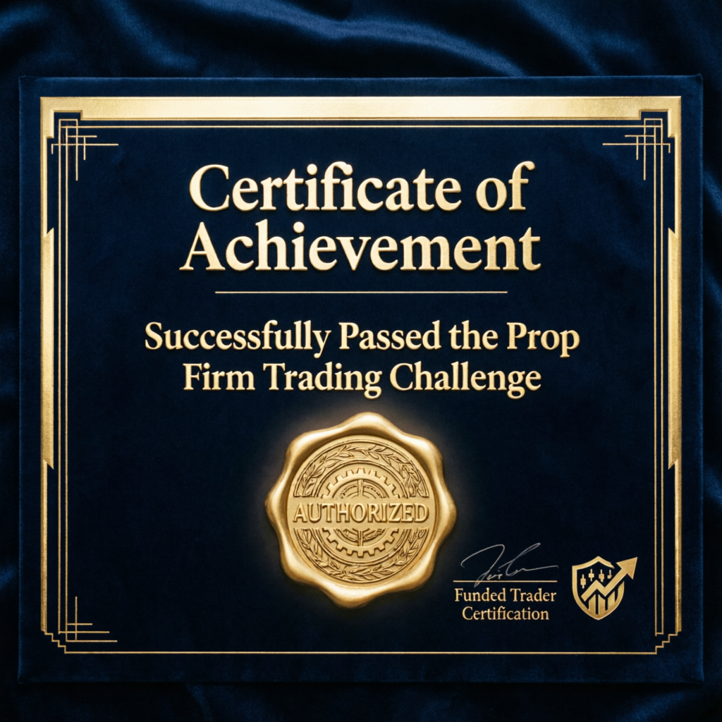 Certificate of Achievement for successfully passing a prop firm trading challenge, authorized funded trader certification