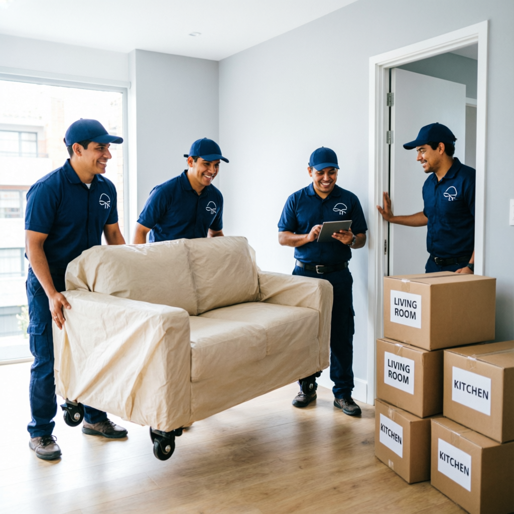 Trasteos Chapinero - Moveros profesionales transportando sofá empacado en apartamento de Chapinero