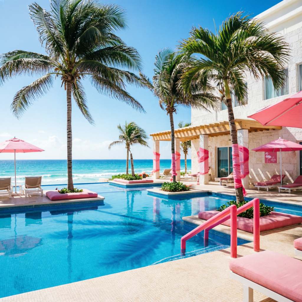 Flamingo Cancún All Inclusive - Resort 4 estrellas con piscina tropical color flamingo frente al mar Caribe