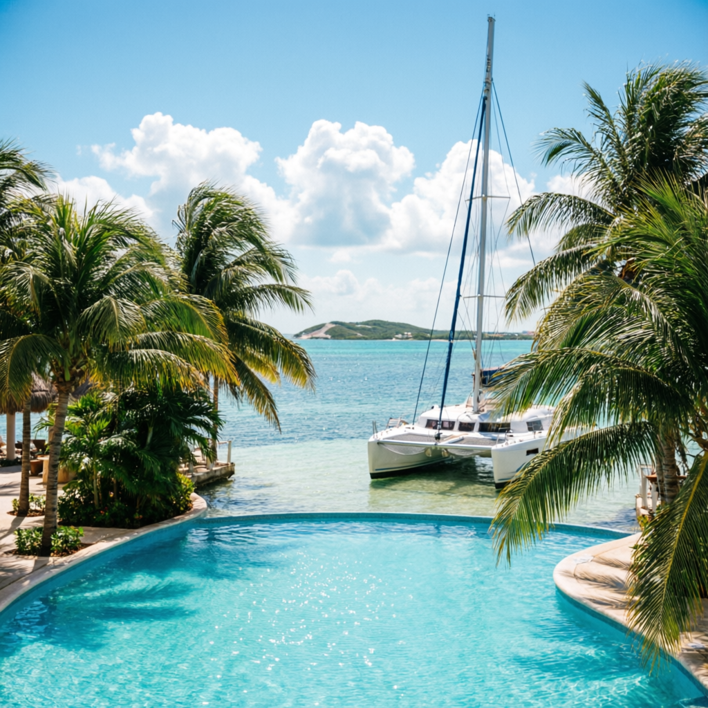 Oasis Palm All Inclusive - Resort 4 estrellas con catamarán e Isla Mujeres de fondo en Cancún