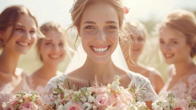Novia sonriendo el día de su boda rodeada de su cortejo, con una sonrisa natural y preparada.